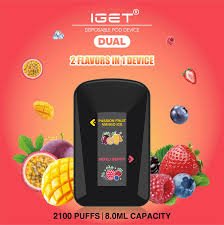 IGET DUAL 2 FLAVOURS IN 1 DEVICE PASSIONFRUIT MANGO ICE / MIXED BERRY – 2100 PUFFS